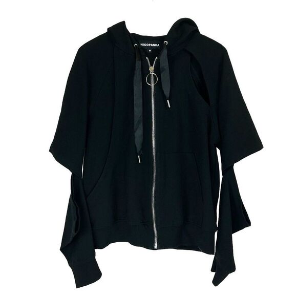 Nicopanda Jacket Women M Black Hoodie Zipper Knit Avant-garde Open Elbow Cutout - Picture 4 of 13